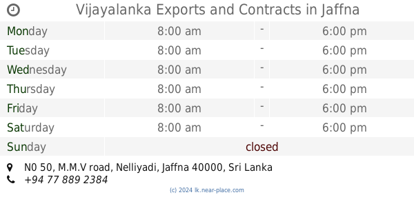 Opening Times Contacts Nelliady Sri Lanka