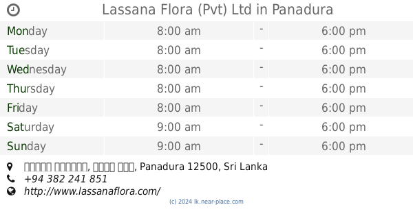 🕗 Lassana Flora (Pvt) Ltd Panadura opening times, tel. +94 382 241 851