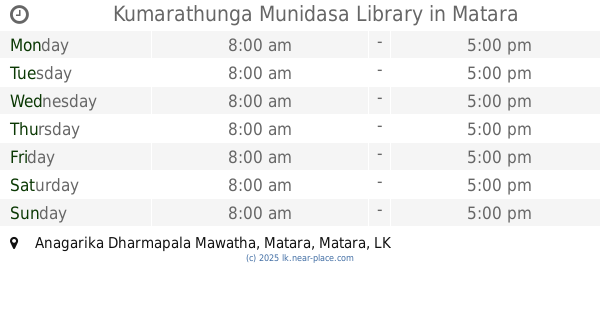 🕗 Kumarathunga Munidasa Library Matara opening times, Anagarika ...